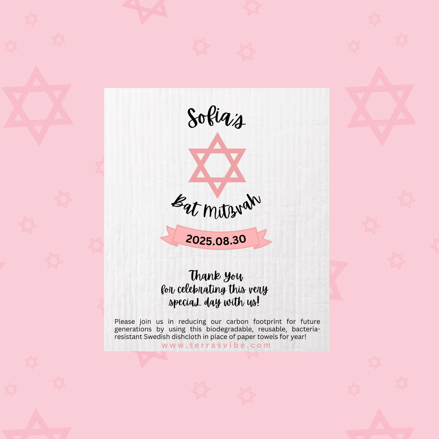 Pink Bat Mitzvah Dishcloth Favor | Terra's Vibe