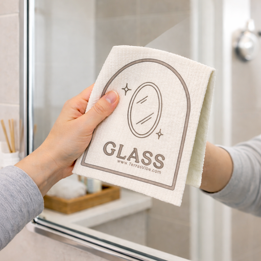 Glass labeled Swedish dishcloth wiping mirror streak free
