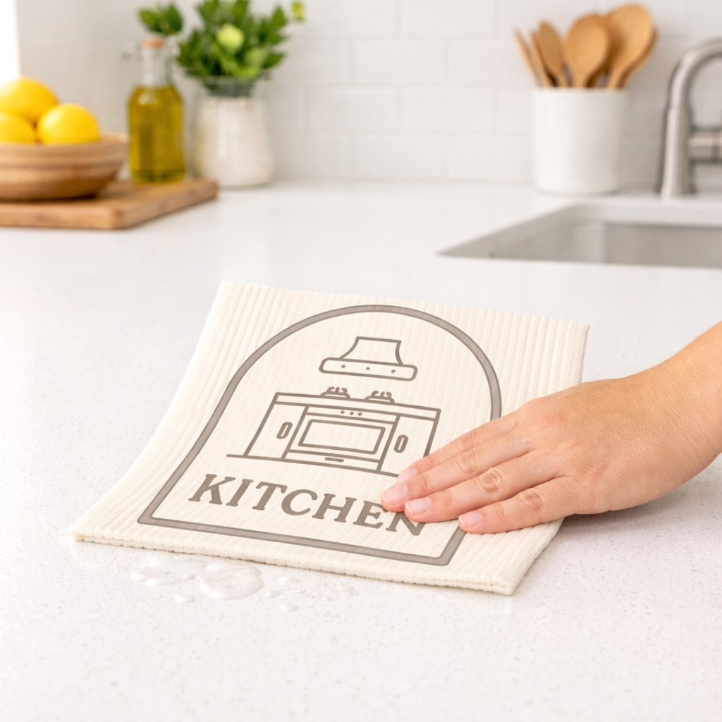 Kitchen towel with 'KITCHEN' and an icon of a stove on a kitchen counter.