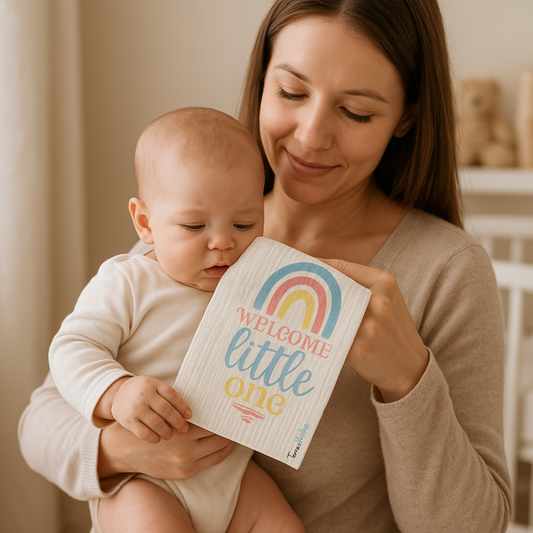 Woman holding a baby and a swedish cloth that says 'Welcome little one' in a home setting.