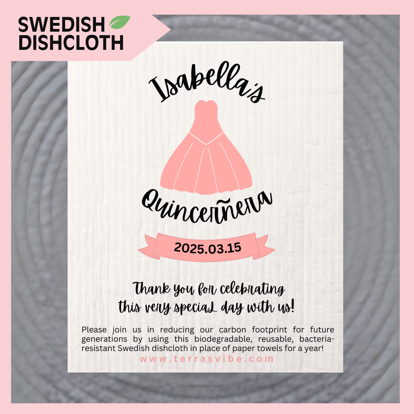 QUINCEANERA FAVOR ~ PERSONALIZED ~ Swedish Dishcloth