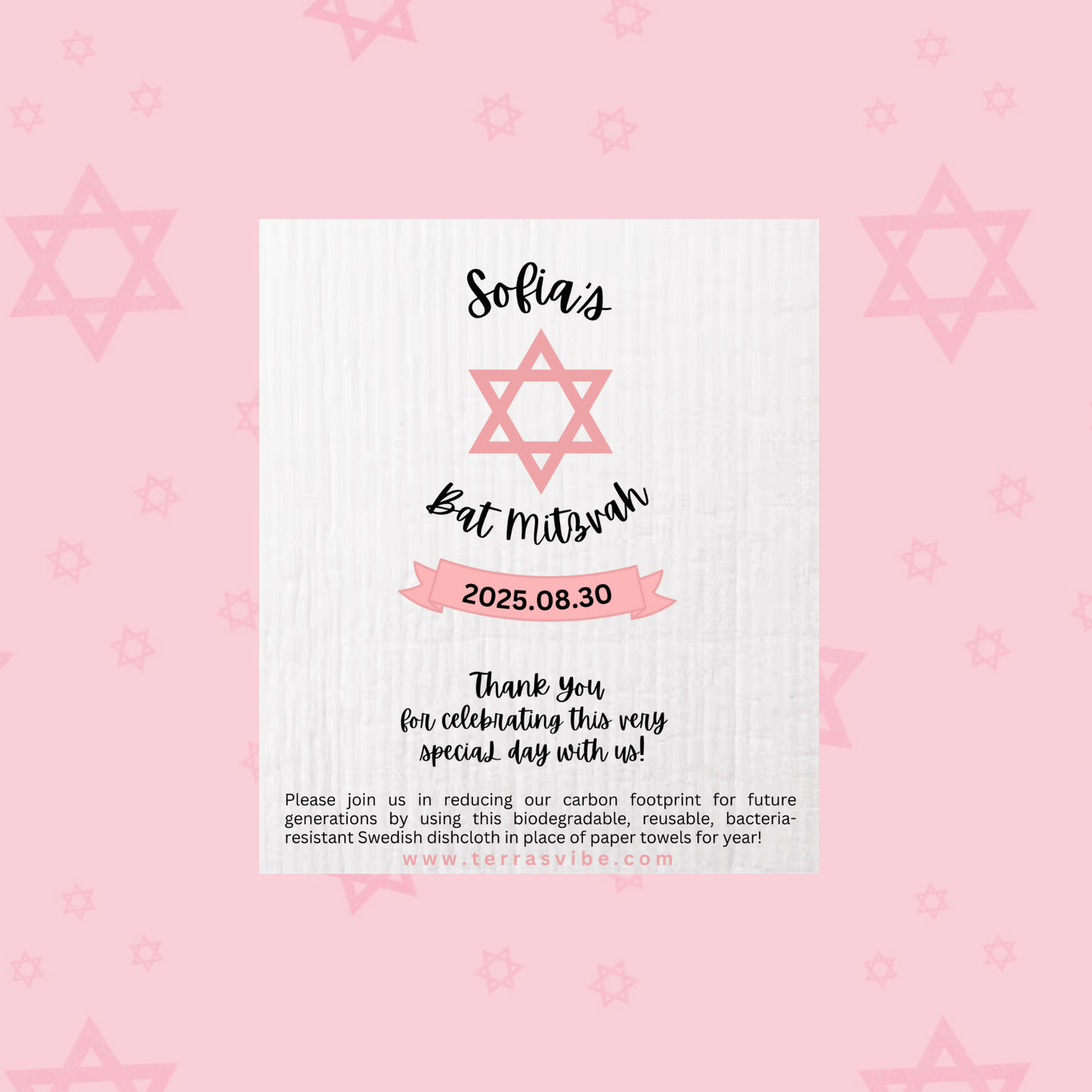 Pink Bat Mitzvah Dishcloth Favor | Terra's Vibe