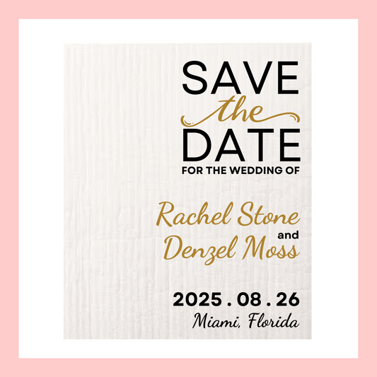 SAVE-THE-DATE ANNOUNCEMENT ~ Swedish Dishcloth [Right Justified style C -pink, black, gold or peach]