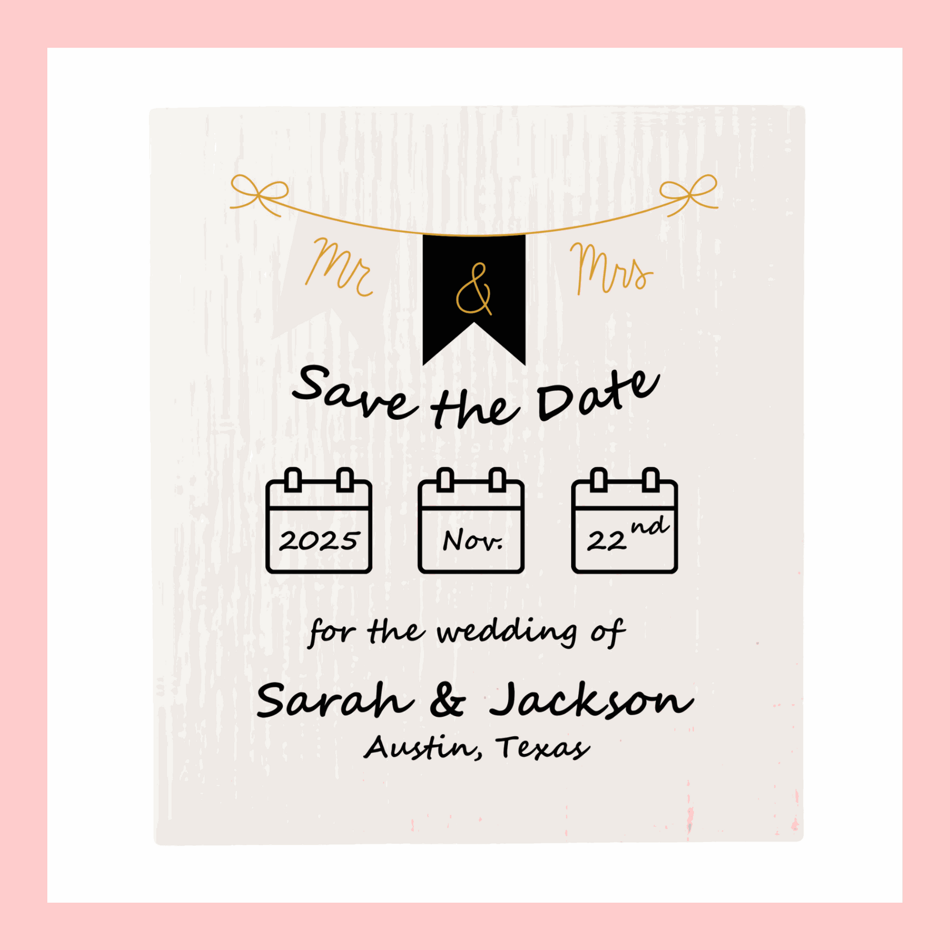 SAVE-THE-DATE ANNOUNCEMENT ~ Swedish Dishcloth [Banner style B - pink, black, gold or peach]