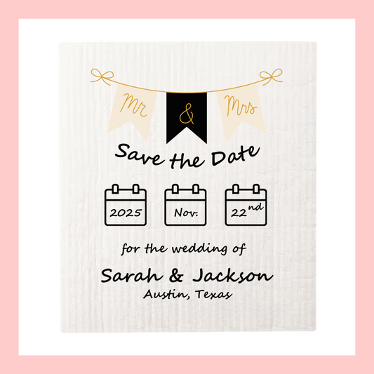 SAVE-THE-DATE ANNOUNCEMENT ~ Swedish Dishcloth [Banner style B - pink, black, gold or peach]
