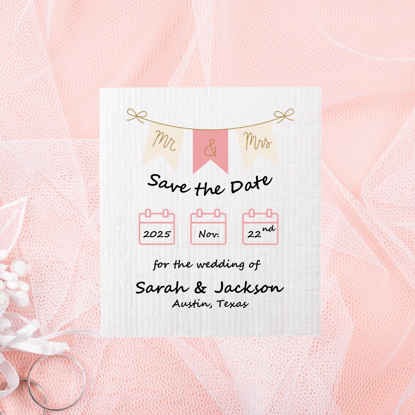 SAVE-THE-DATE ANNOUNCEMENT ~ Swedish Dishcloth [Banner style B - pink, black, gold or peach]