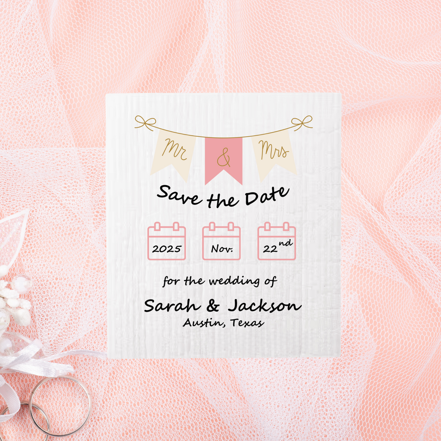 SAVE-THE-DATE ANNOUNCEMENT ~ Swedish Dishcloth [Banner style B - pink, black, gold or peach]