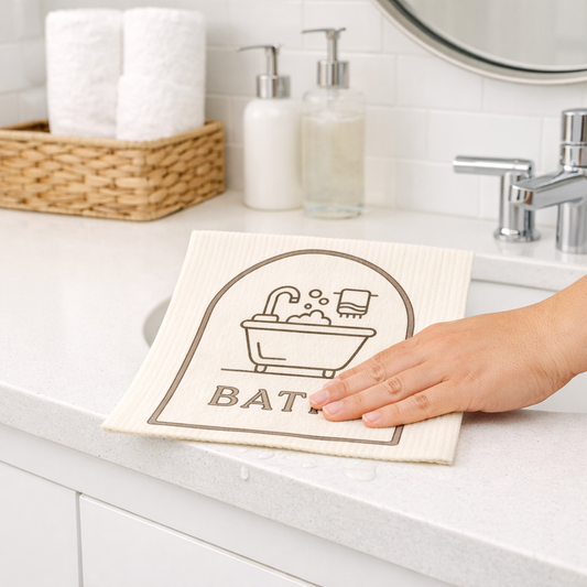 Bath labeled Swedish dishcloth for sink and countertop wipe downs