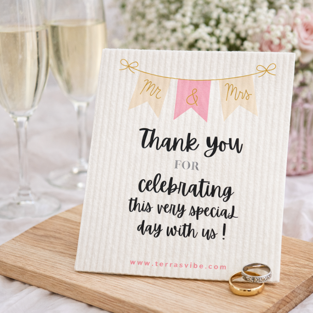 Wedding cardswedish cloth favor 'Mr & Mrs' banner and champagne glasses in the background