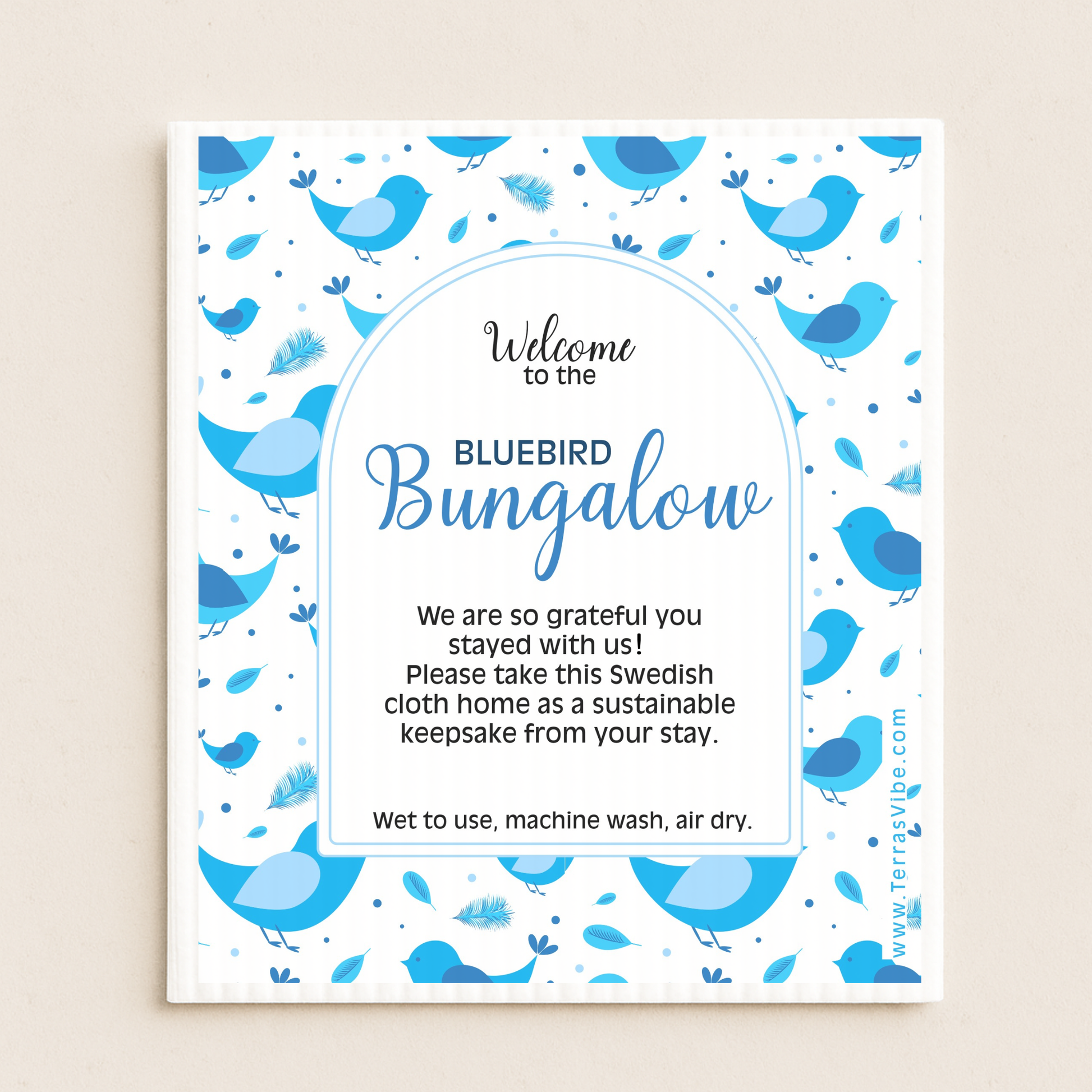 Welcome swedish cloth for airbnb host  blue bird illustrations on a beige background