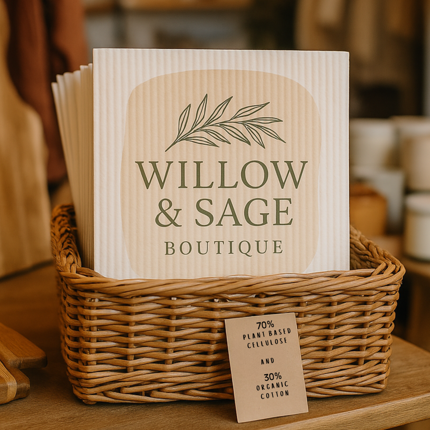 Swedish cloth with 'Willow & Sage Boutique' branding in a woven basket on a wooden surface.