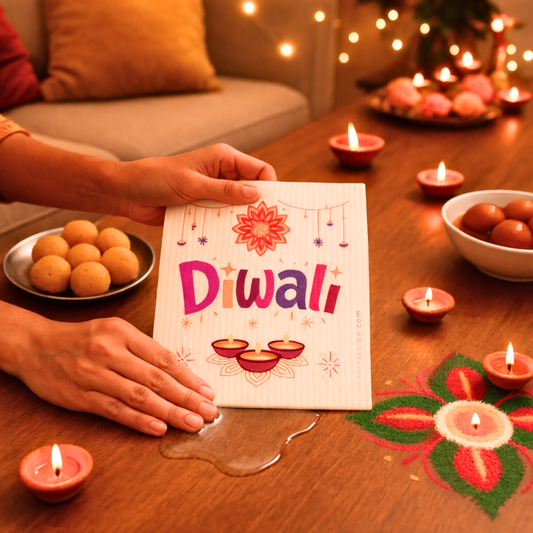 Person holding a 'Diwali' cloth with candles and festive decorations on a table.