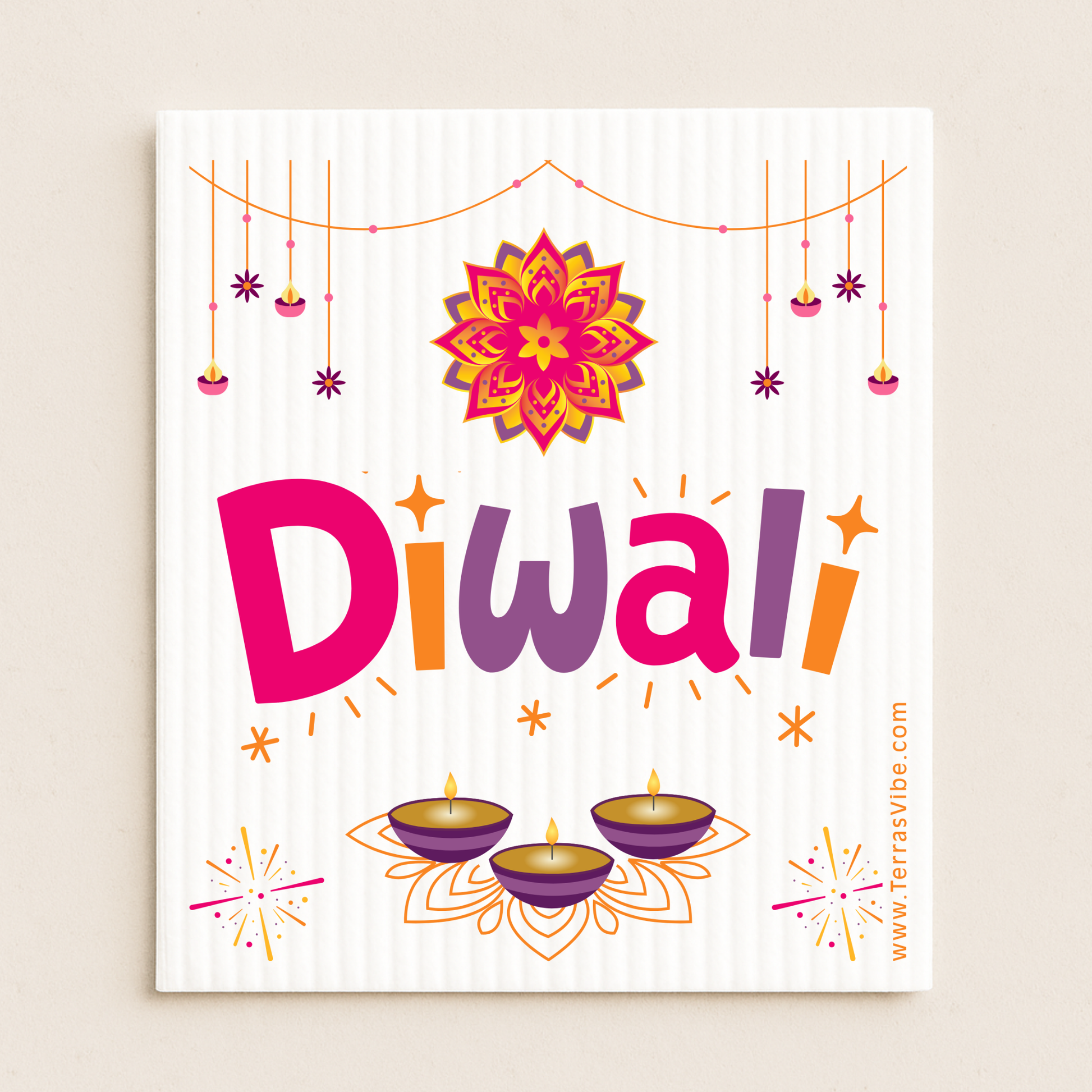 Colorful 'Diwali' swedish cloth with decorative elements on a beige background
