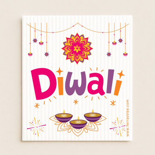 Colorful 'Diwali' swedish cloth with decorative elements on a beige background