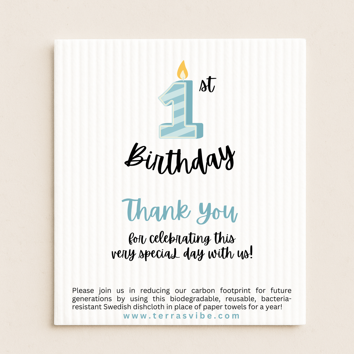 1st Birthday thank you favor with a candle and number 1 design on a white background.