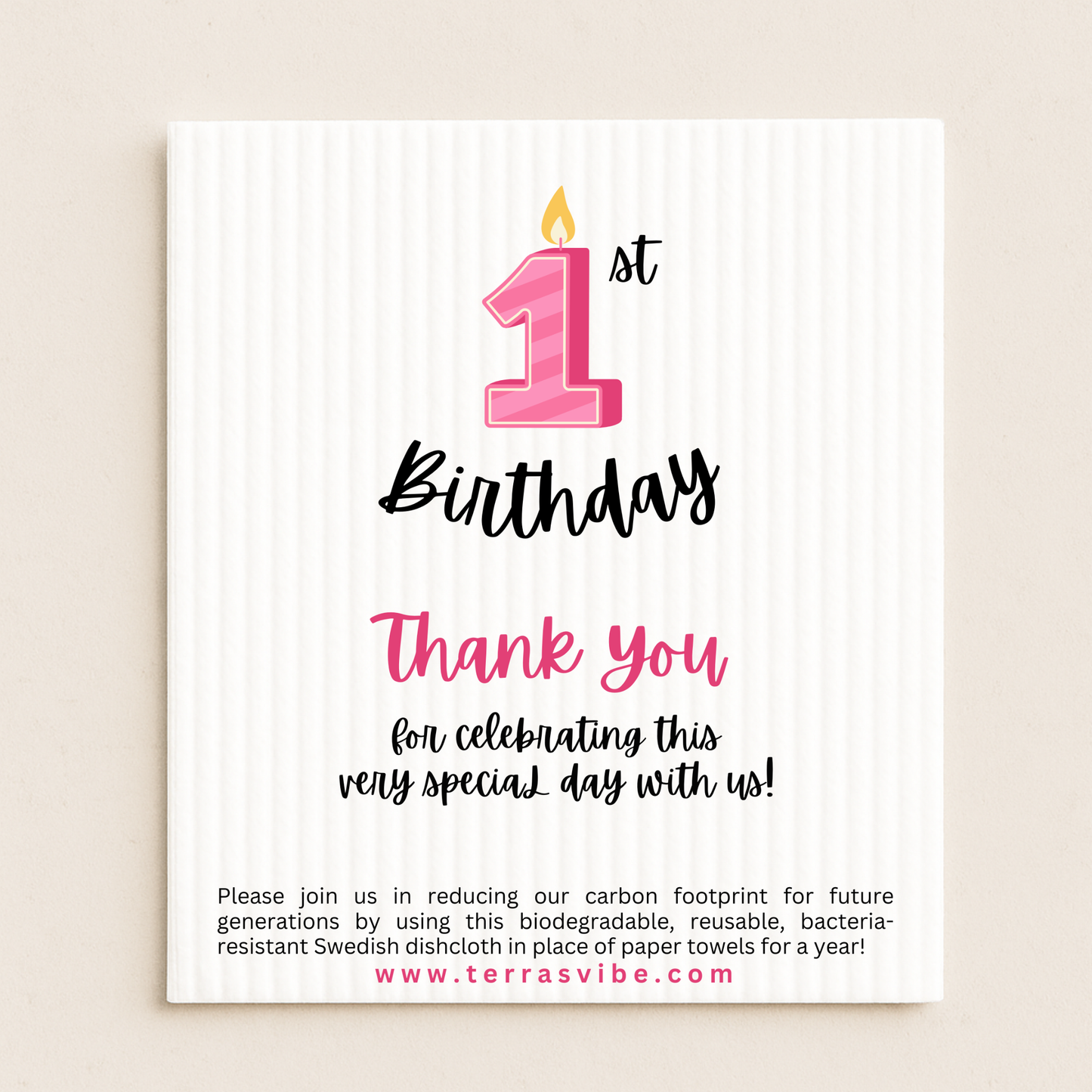 1st Birthday thank you favor with pink candle design on a white background