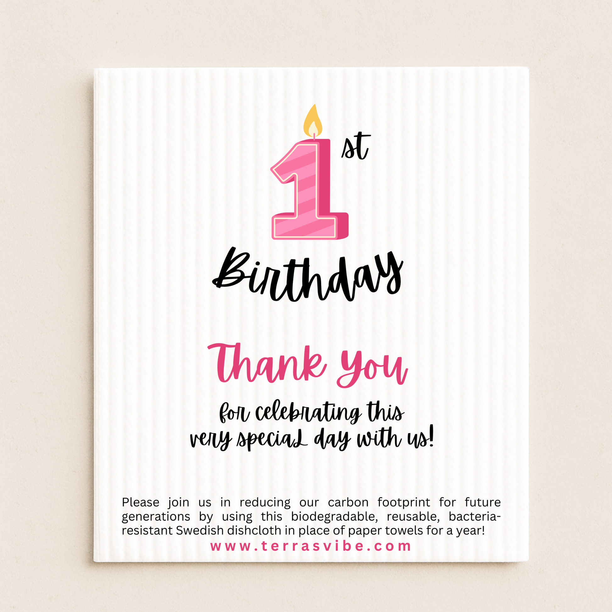 1st Birthday thank you favor with pink candle design on a white background