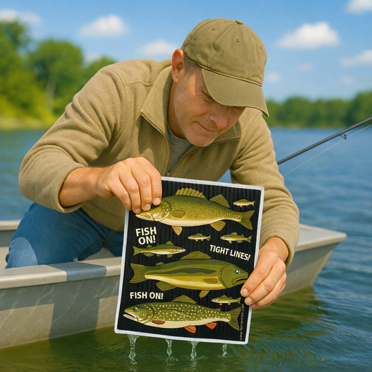 Man in a boat holding a fishing-themed swedish cloth with fish illustrations by a body of water.