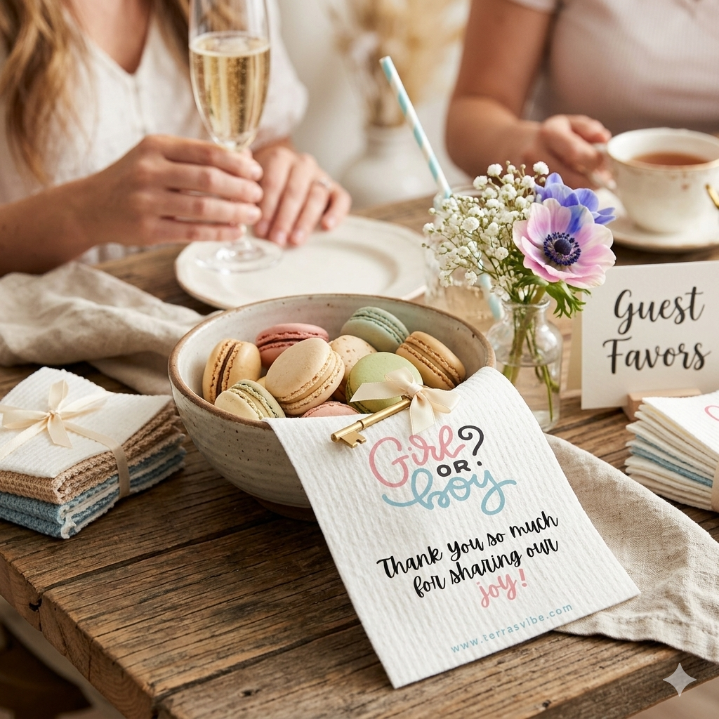 Gender reveal party setup with macarons, champagne, and a 'Girl or Boy?' swedish cloth favor