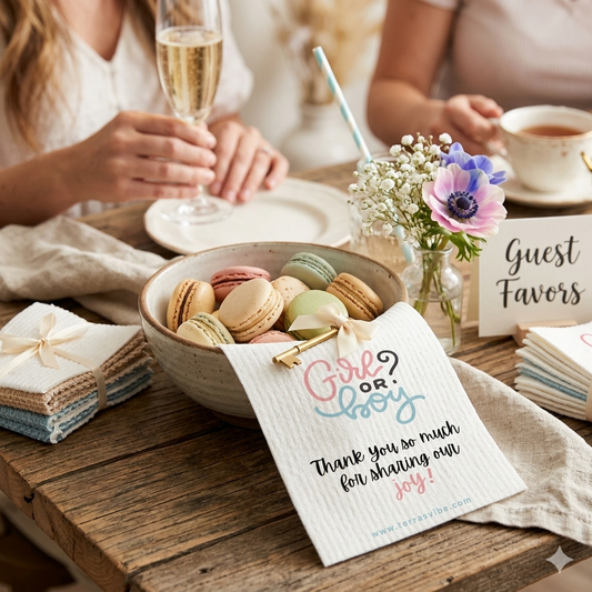Gender reveal party setup with macarons, champagne, and a 'Girl or Boy?' swedish cloth favor