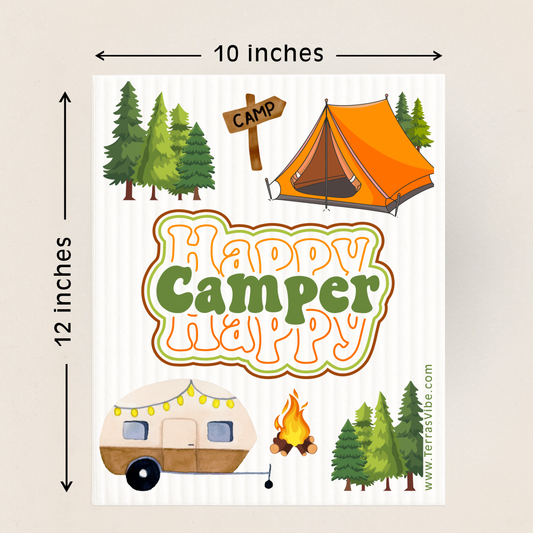 Illustration of camping-themed items on a swedish dishcloth on a beige background