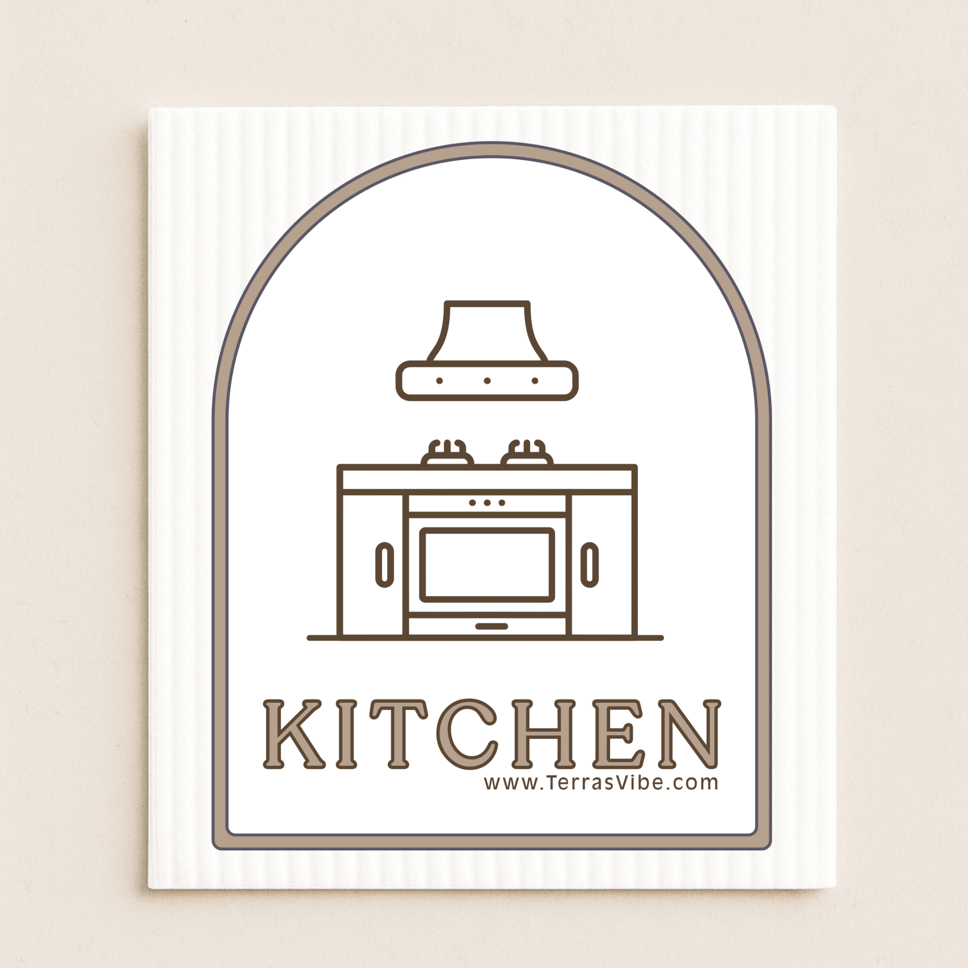 Decorative kitchen cloth with line art of a stove and oven, framed by an arch, on a beige background.