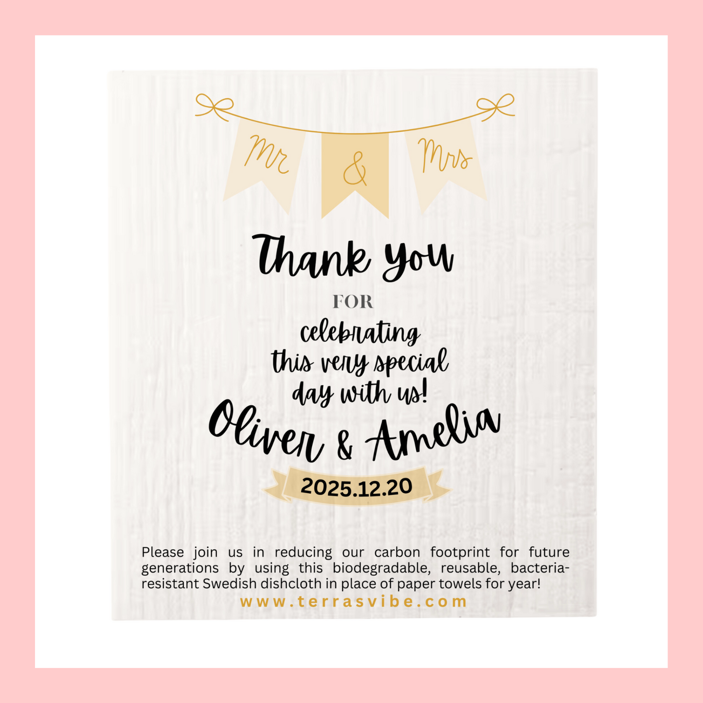 WEDDING FAVOR ~ PERSONALIZED ~ Swedish Dishcloth [pink, black or gold]