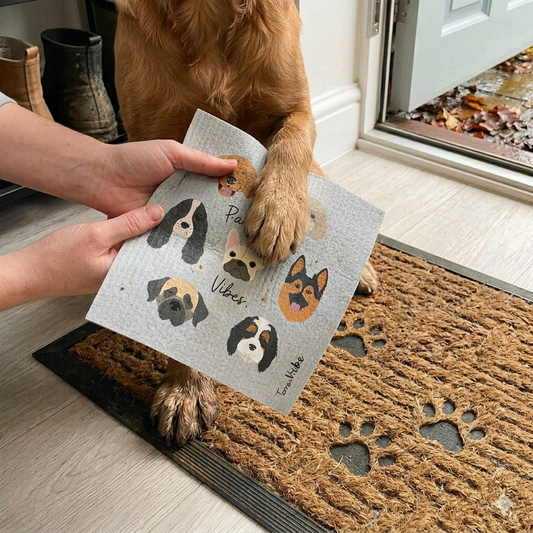 Dogs paws being wiped with a swedish dishcloth  doormat with dog-themed design held by a person indoors.