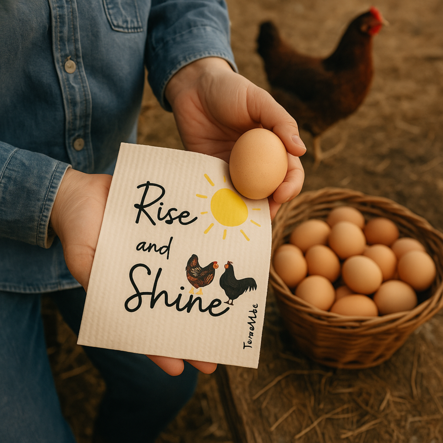Person holding an egg and a 'Rise and Shine' swedish dishcloth with a chicken and sun illustration, next to a basket of eggs and a chicken.