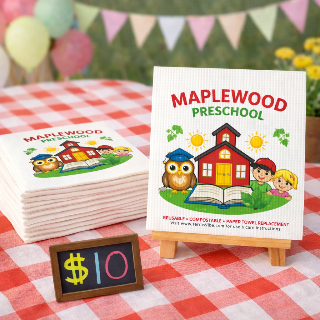 Maplewood Preschool swedish cloths on a checkered tablecloth with balloons and bunting in the background.