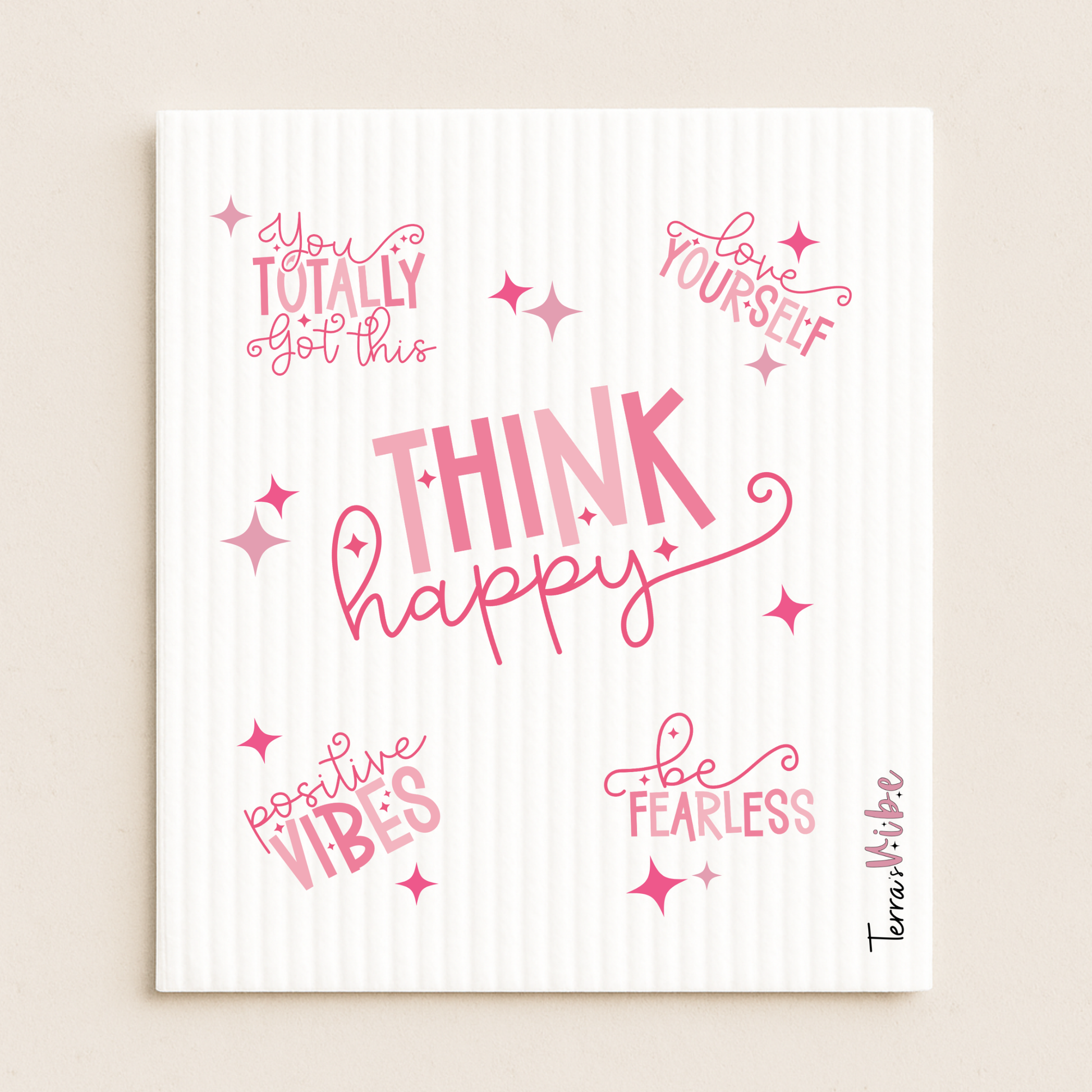 Motivational swedish cloth with positive affirmations in pink on a white background