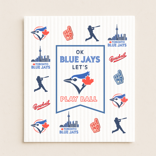 Collection of Toronto Blue Jays logos and graphics on a white Swedish dishcloth