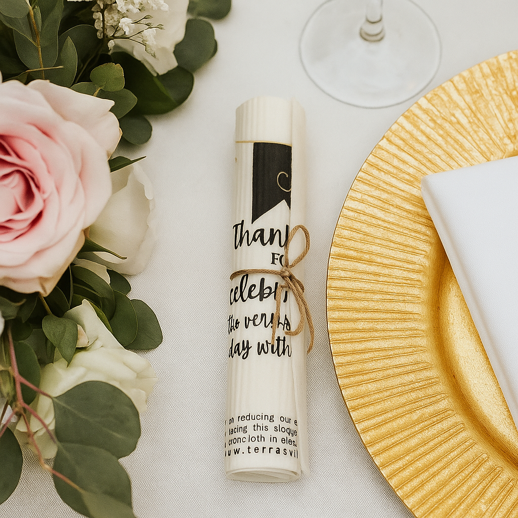 Rolled swedish cloth wedding favor  with a decorative bow on a table setting with flowers and a gold plate.