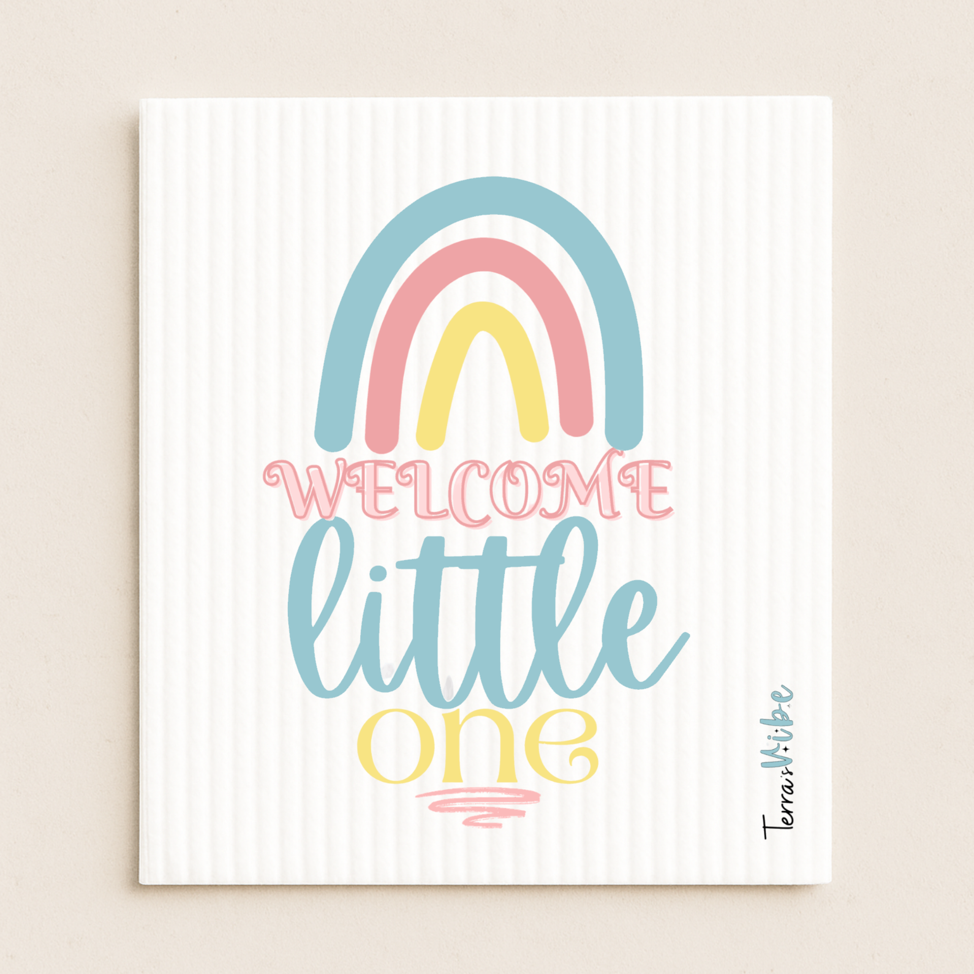 Decorative printed swedish cloth with rainbow and text 'Welcome little one' on a striped background